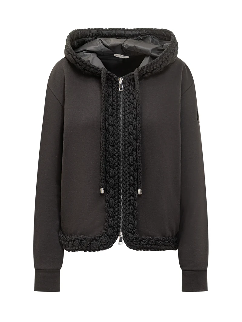 Moncler Felpa Nera con Cappuccio e Dettagli Intrecciati