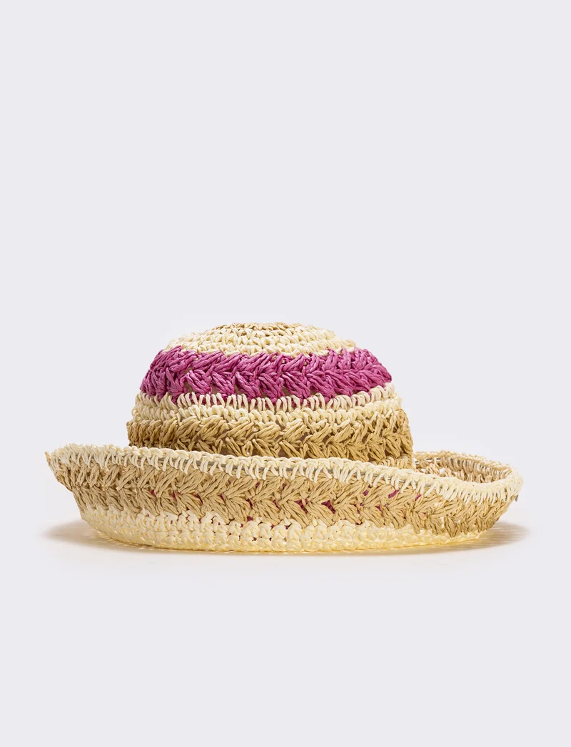Cappello in paglia intrecciato a righe - Fuxia