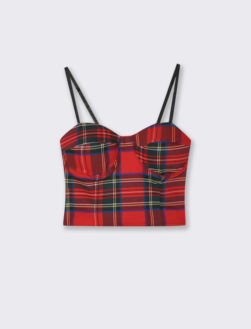 Top con coppe in tessuto quadro scozzese - Rosso
