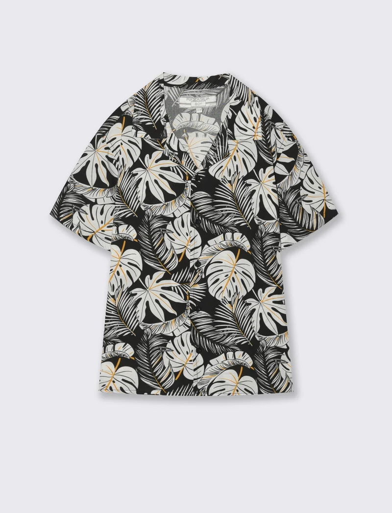 Camicia in cotone mezza manica fantasia - Nero