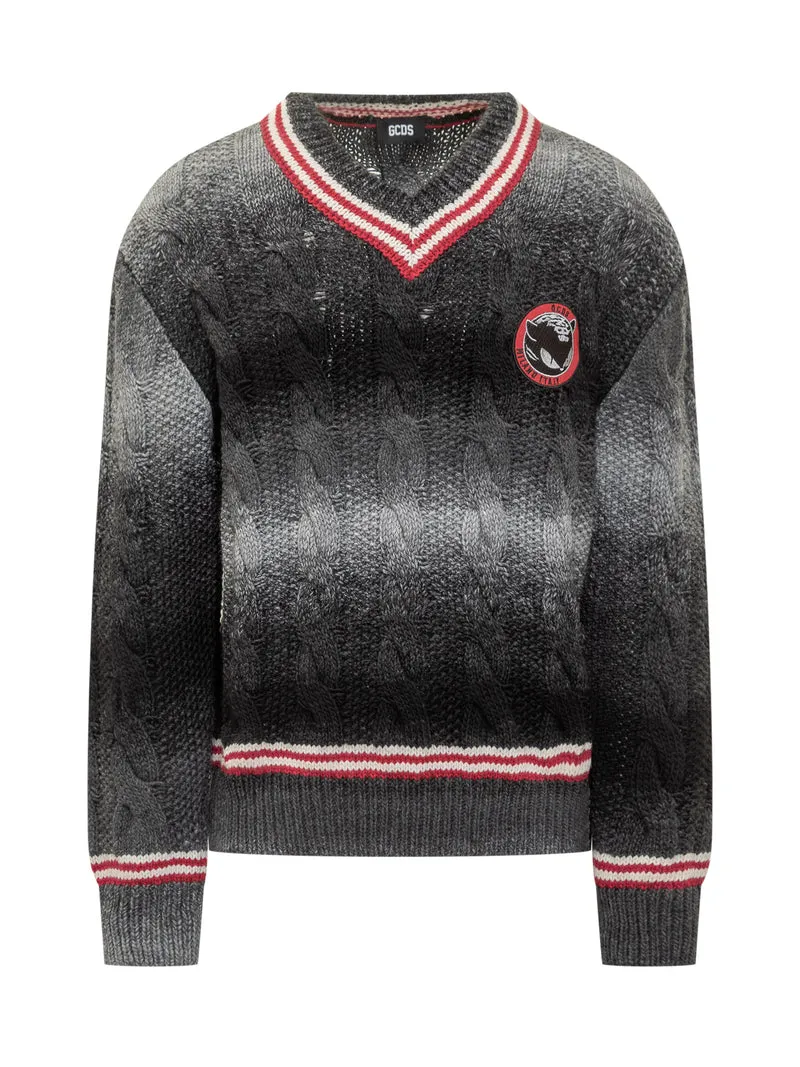 GCDS Maglione a Treccia con Scollo a V