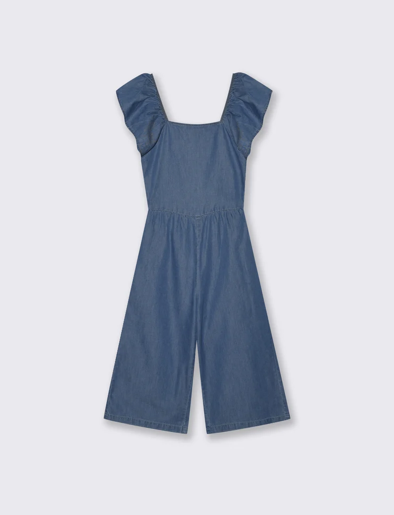 Salopette lunga in chambray con rouches - DENIM SCURO