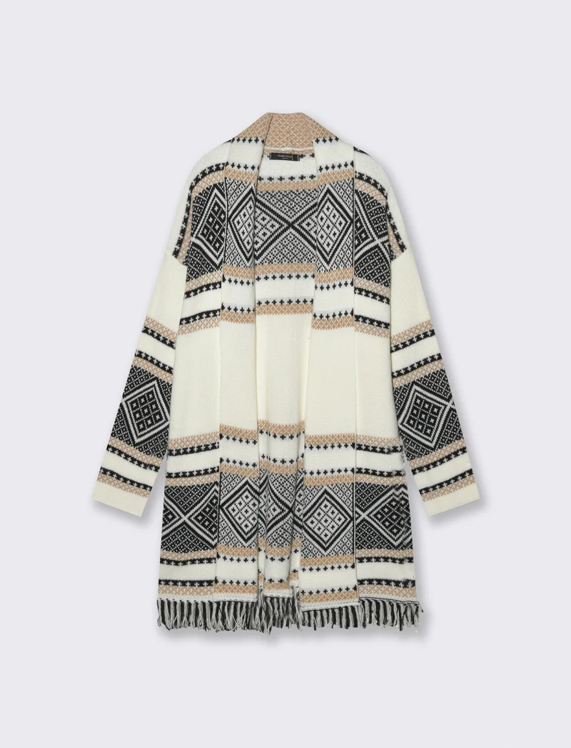 Maglia lunga jacquard modello spolverino - Bianco panna