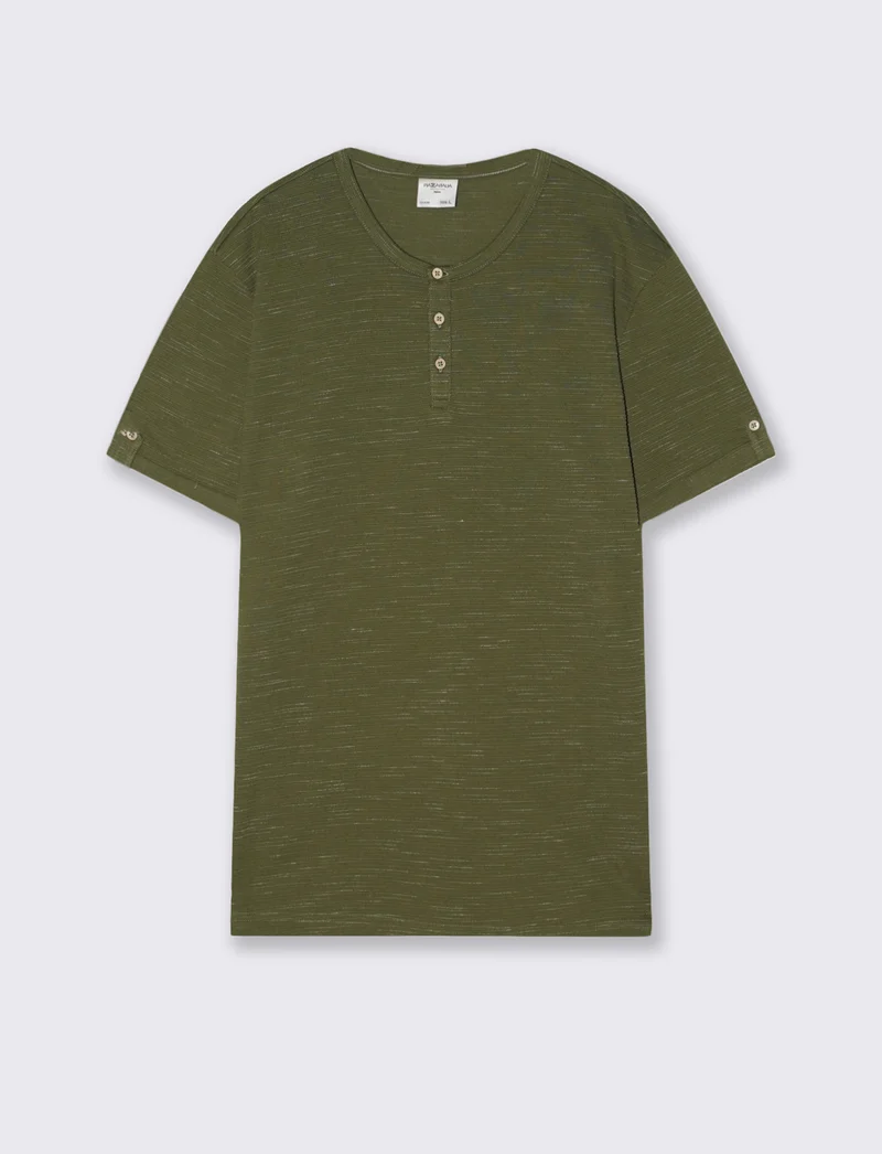 T-shirt serafino slub con bottoni legno - Verde oliva