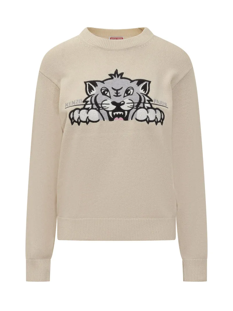 Kenzo Maglione Beige con Ricamo Tigre