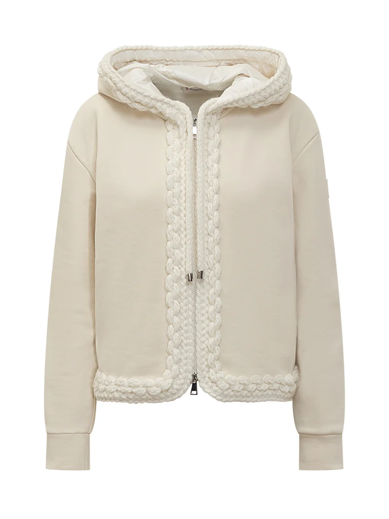 Moncler Felpa Bianca con Cappuccio e Dettagli Intrecciati