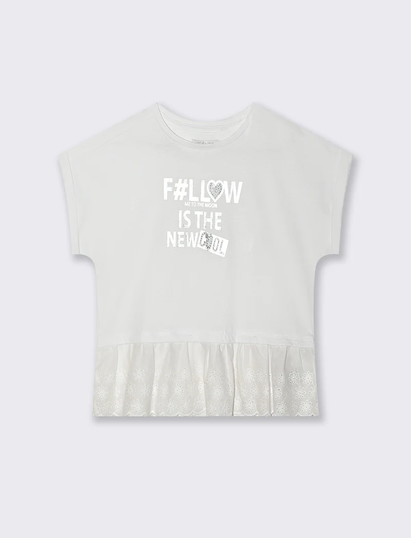 T-shirt elegante con pizzo e strass - Bianco