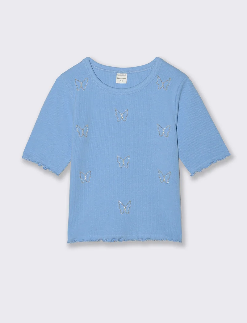 T-shirt mezza manica con perline e orli ondulati - Azzurro
