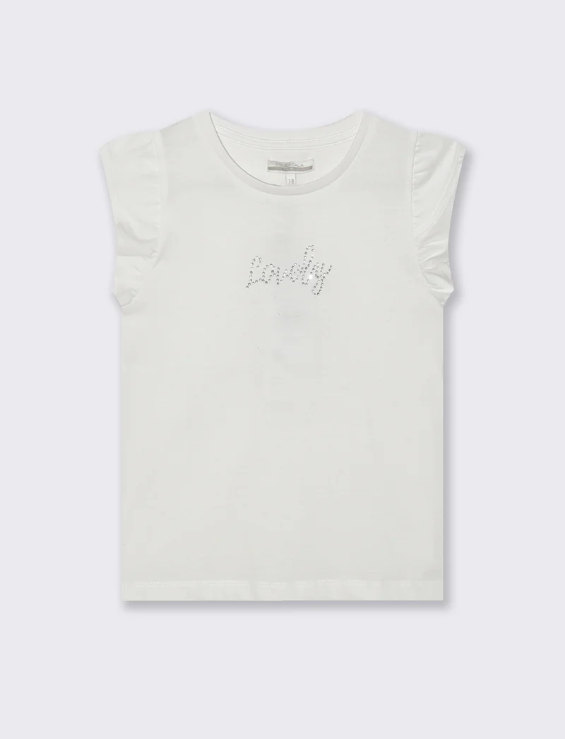 T-shirt con strass e manica volant - Bianco
