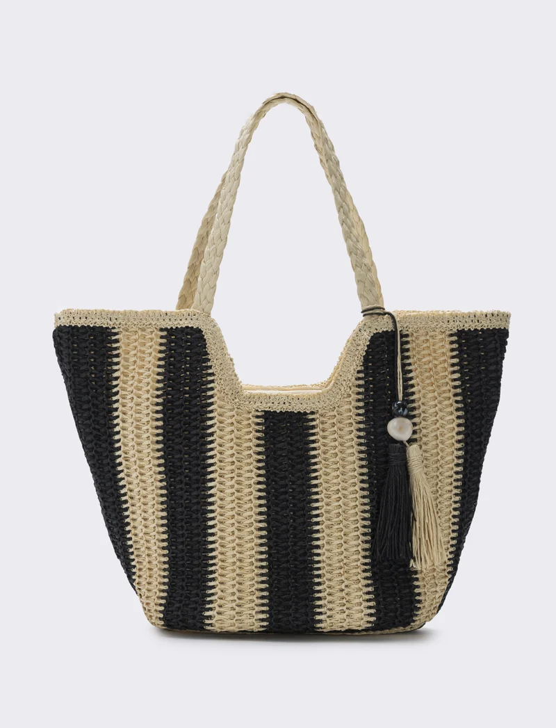 Borsa shopper in paglia a righe - Nero