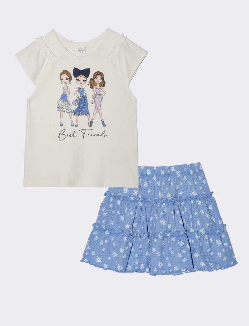 Completo t-shirt e short finta gonna bambina - Bianco-blu