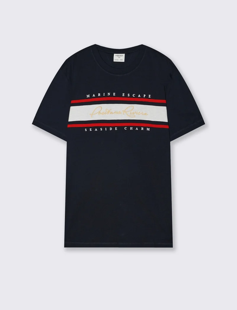 T-shirt con fascia e ricamo sul petto - Blu