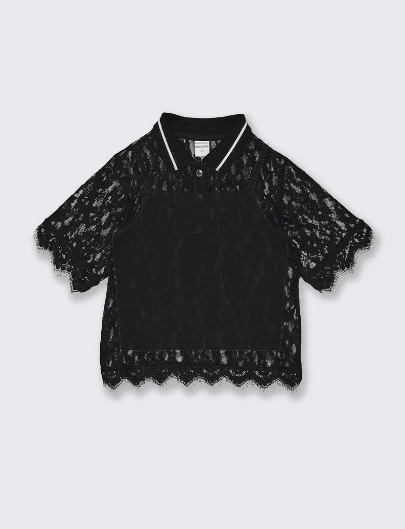 T-shirt polo doppio strato in pizzo - Nero