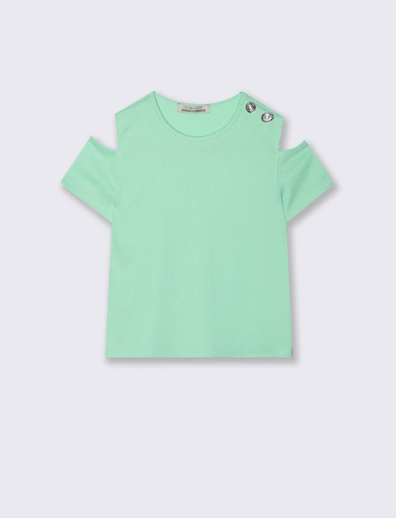 T-shirt mezza manica da bambina in costina elastica. - Verde