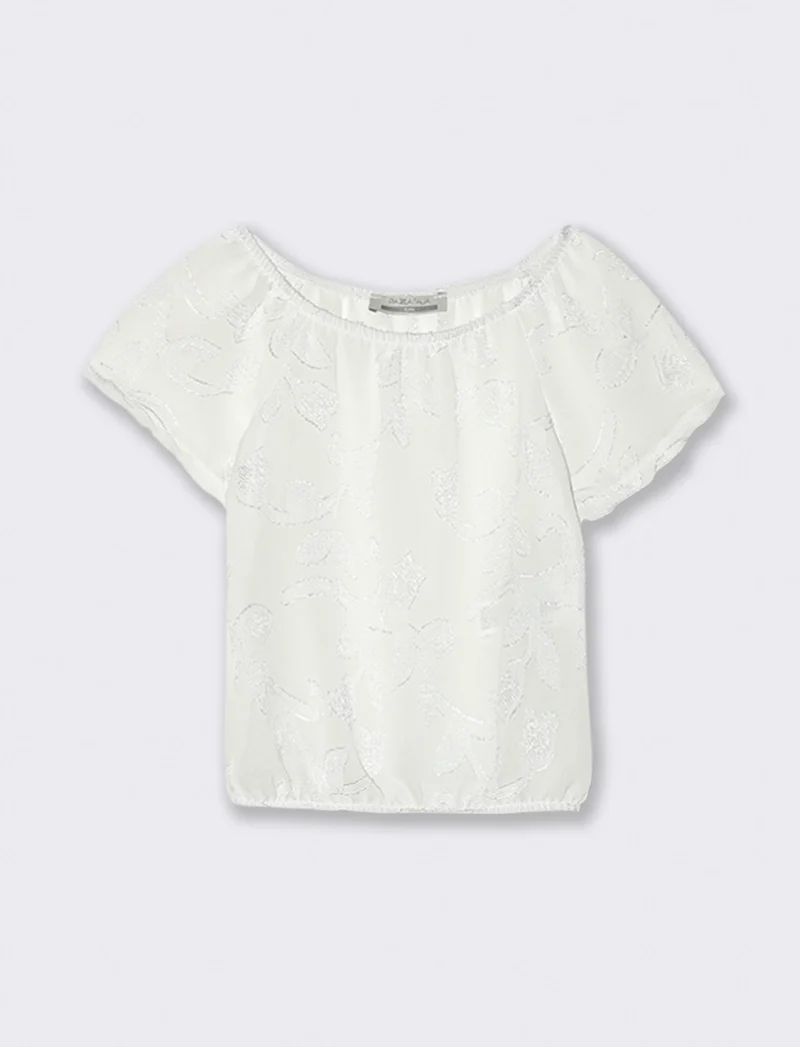 T-shirt manica corta in tessuto leggero ricamato. - Bianco