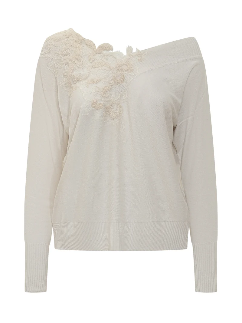 Exterior Maglia Avorio Monospalla con Ricamo in Pizzo