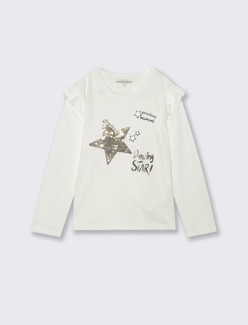 T-shirt manica lunga con rouches bambina - Bianco latte