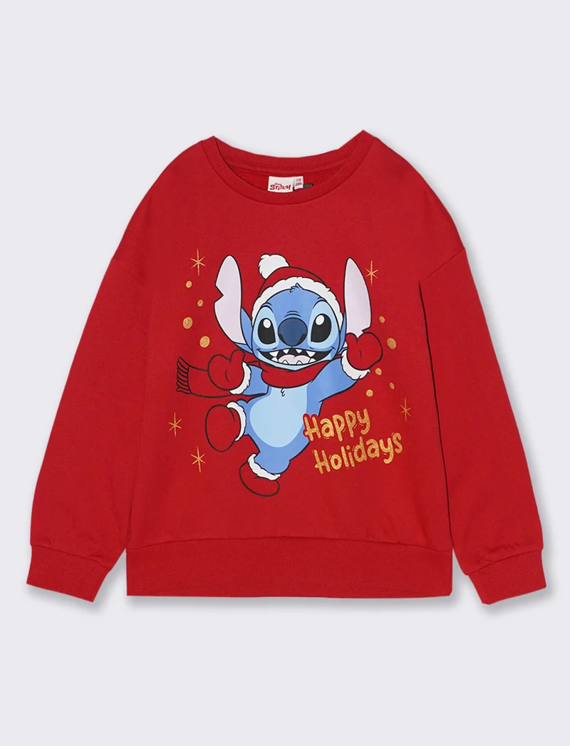 Felpa girocollo a manica lunga con stampa natalizia Stitch - Rosso