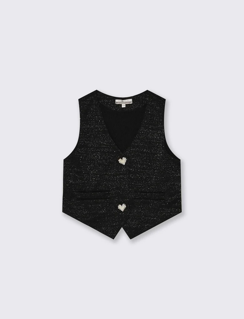 Gilet da bambina con bottoni gioiello. - Nero