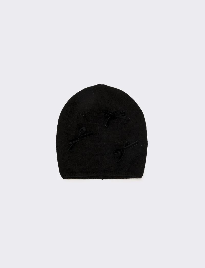 Cappello cuffia con fiocchetti velluto - Nero