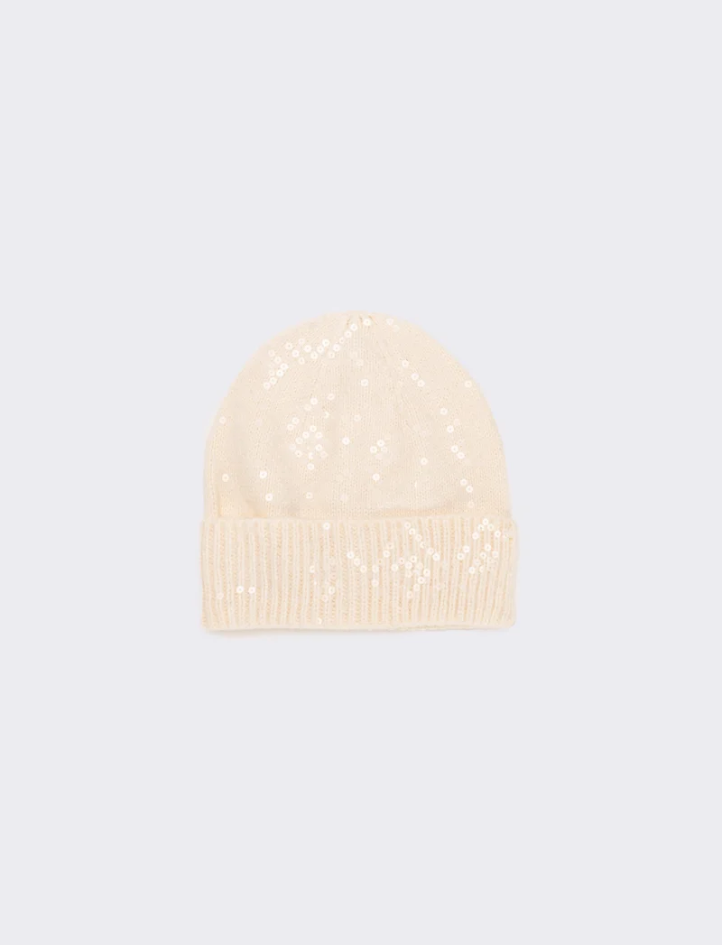 Cappello paillettes trasparenti con risvolto - Bianco panna