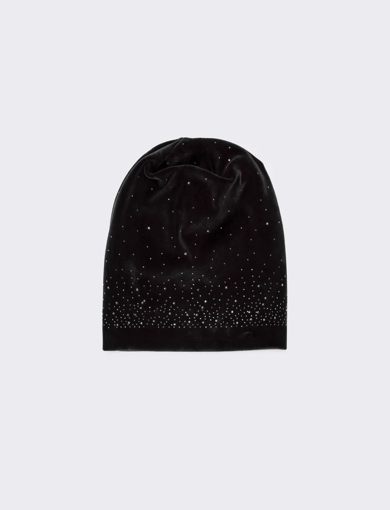 Cappello cuffia in velluto con strass - Nero