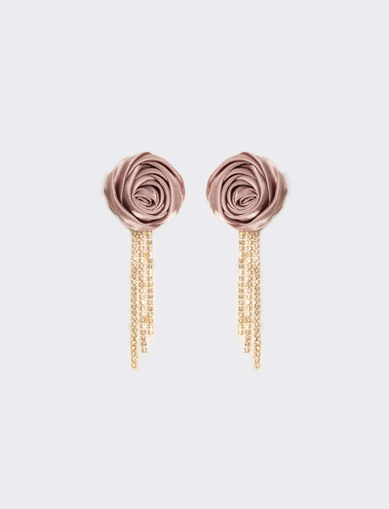 Orecchino con rosa in tessuto e strass - Rosa