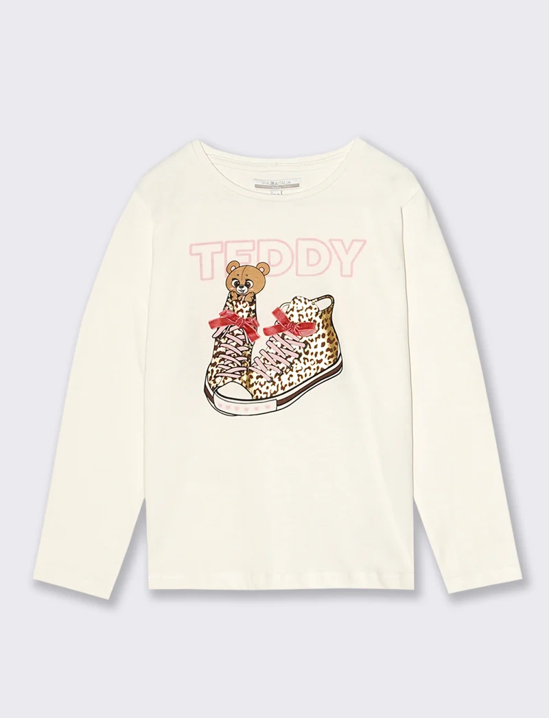 T-Shirt manica lunga in cotone dalla mano pesca con stampa e fiocchi applicati. - Bianco sporco