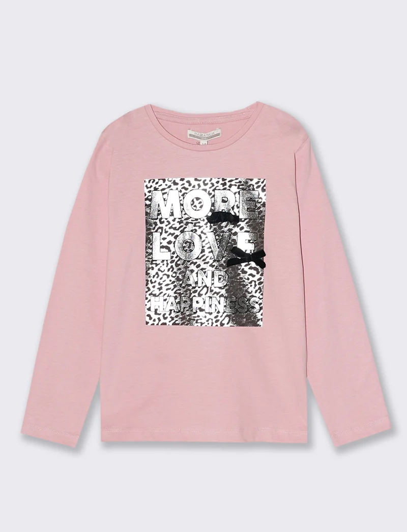 T-Shirt manica lunga in cotone dalla mano pesca con stampa e fiocchi applicati. - Rosa