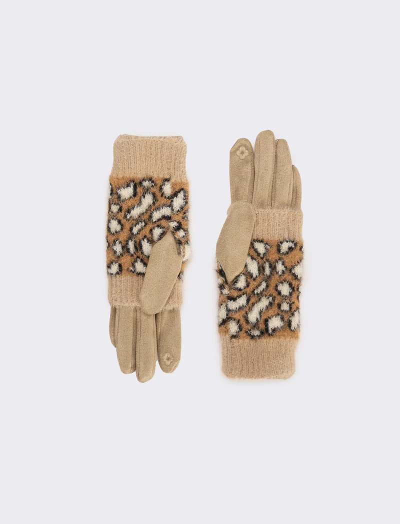 Guanto doppio unito con muffola leopardato donna - Beige