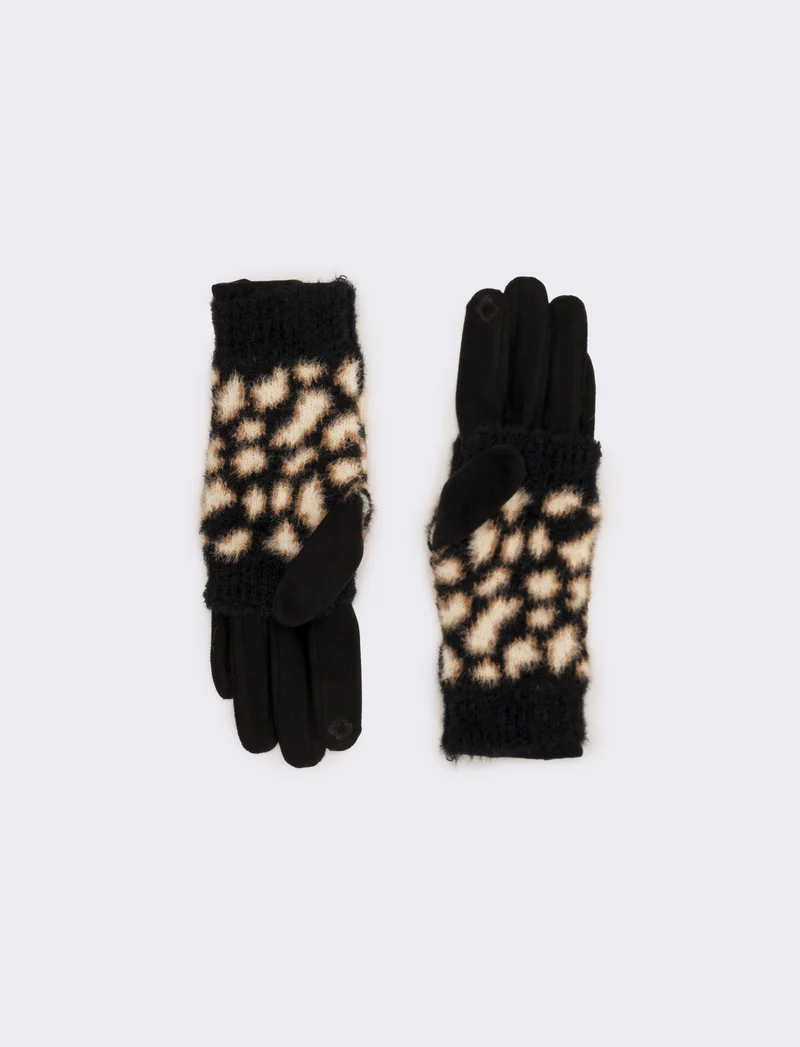 Guanto doppio unito con muffola leopardato donna - Nero