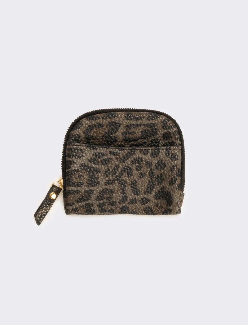 Portamonete finta pelle con zip animalier - Nero