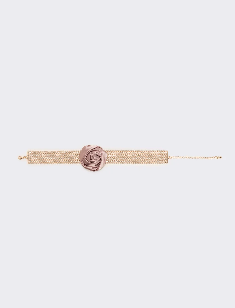 Collana chocker con strass e rosa in tessuto - Rosa