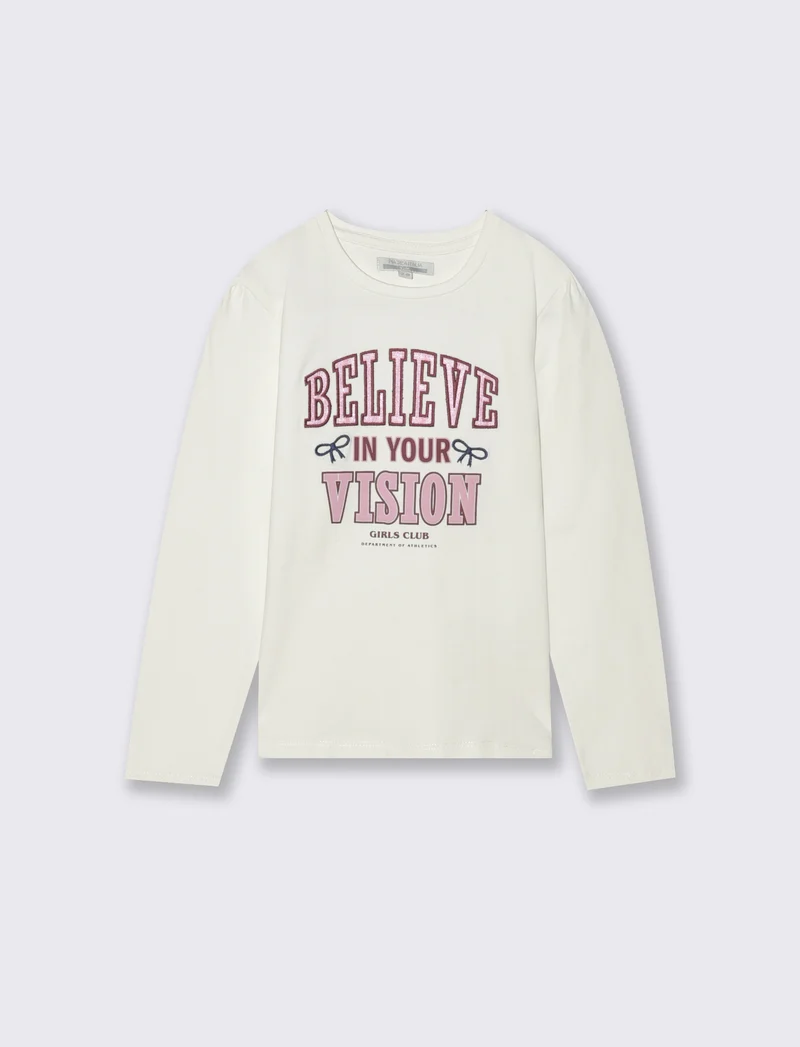T-shirt manica lunga con stampa e ricamo stile college. - Bianco latte