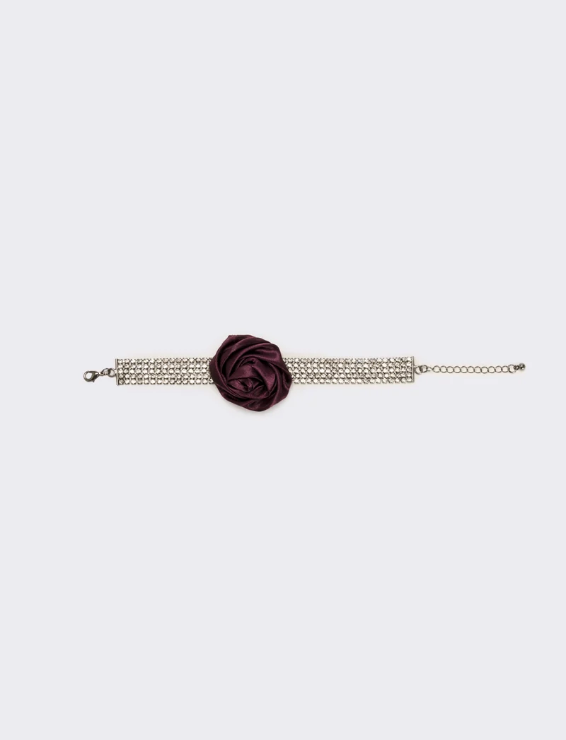 Bracciale strass e rosa in tessuto - Viola