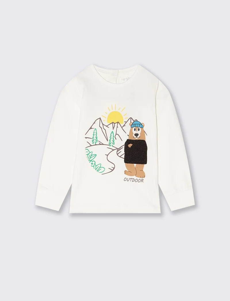 T shirt rigata con orsetto - Bianco latte