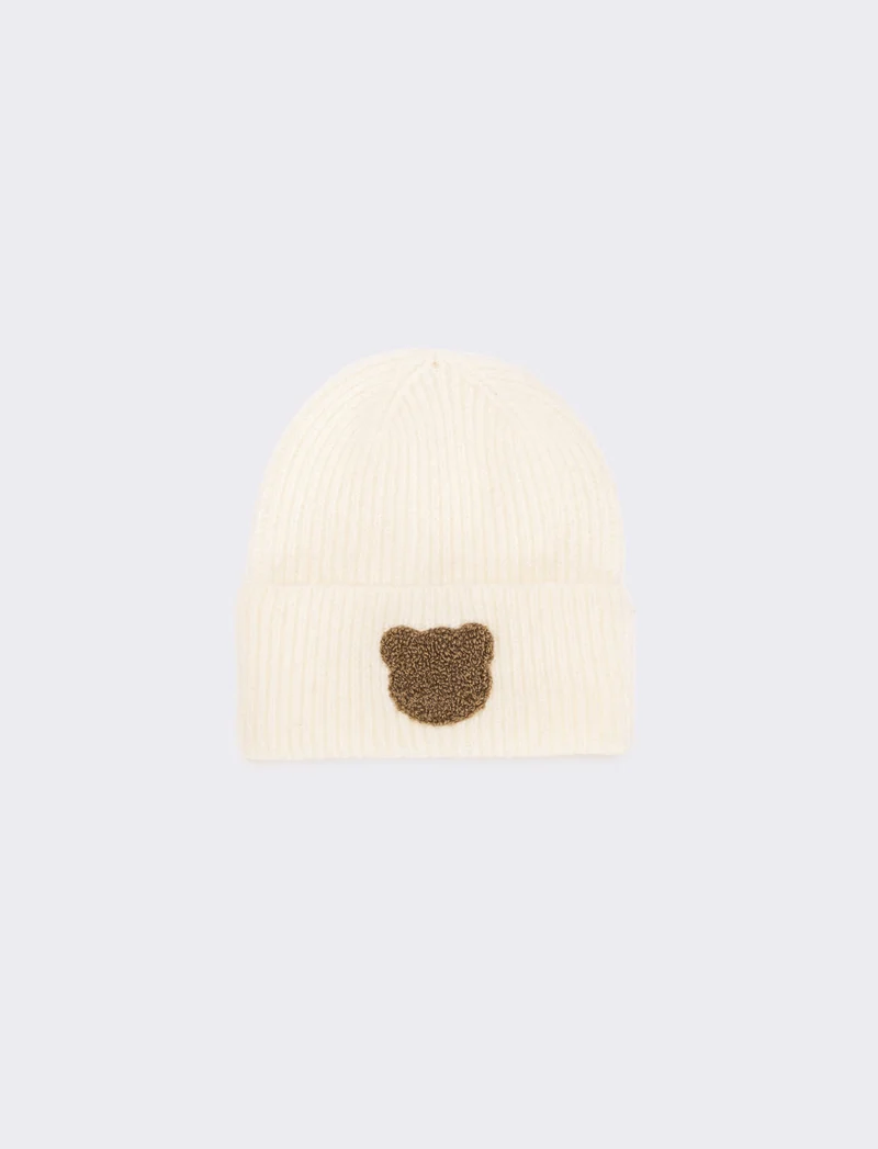 Cuffia neonato con risvolto e teddy - Bianco sporco