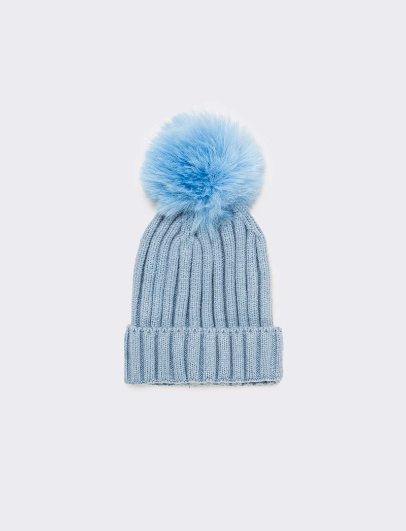 Cuffia neonato con pon pon a coste - Blu chiaro