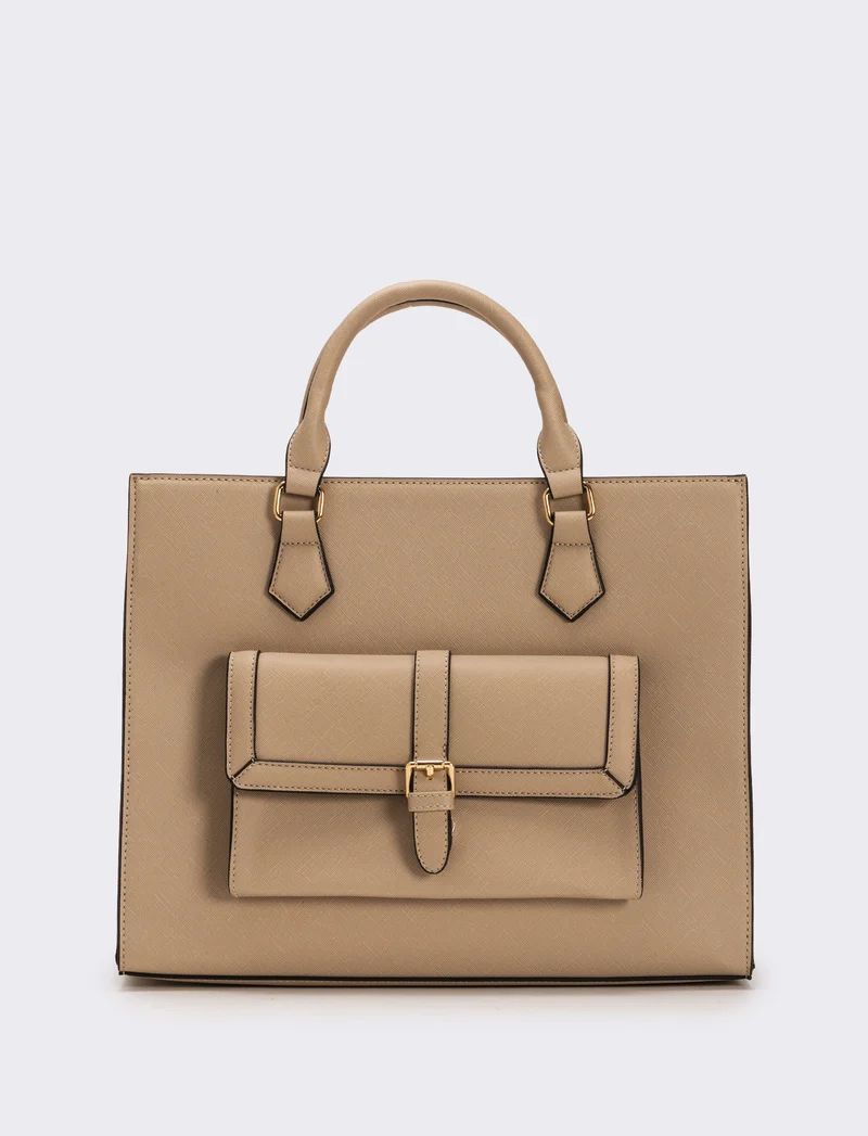Borsa con tasca grande e tracolla in saffiano donna - Beige