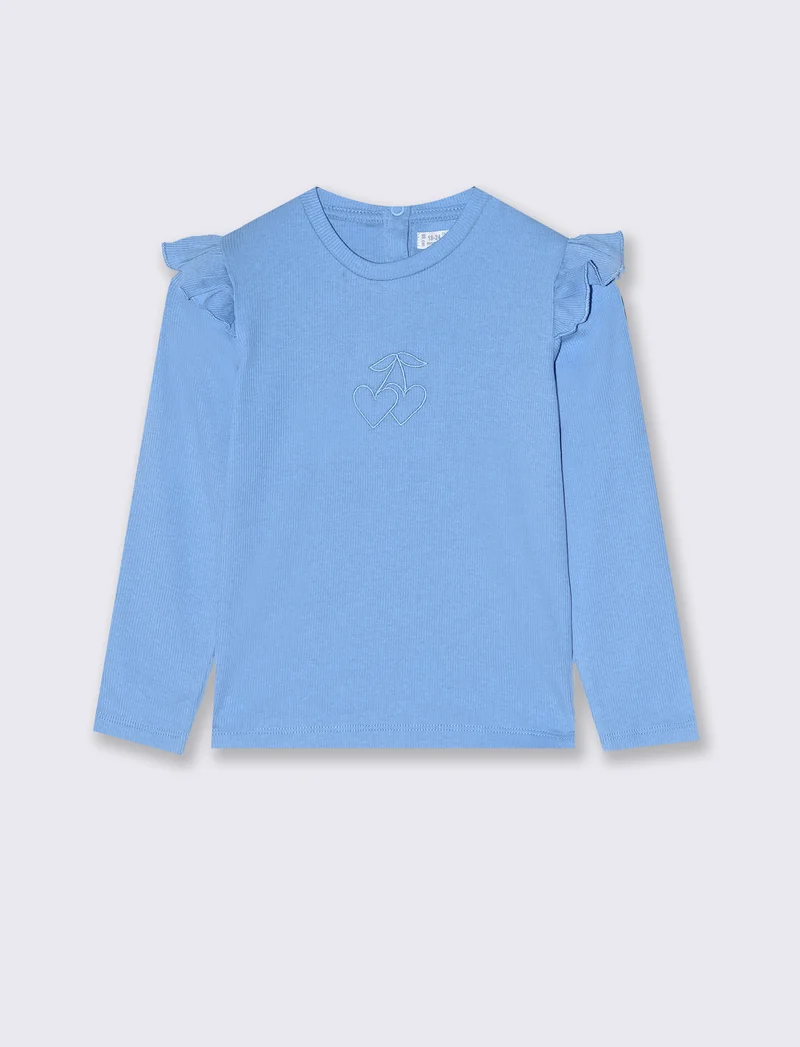 T shirt in costina con ricamo - Azzurro