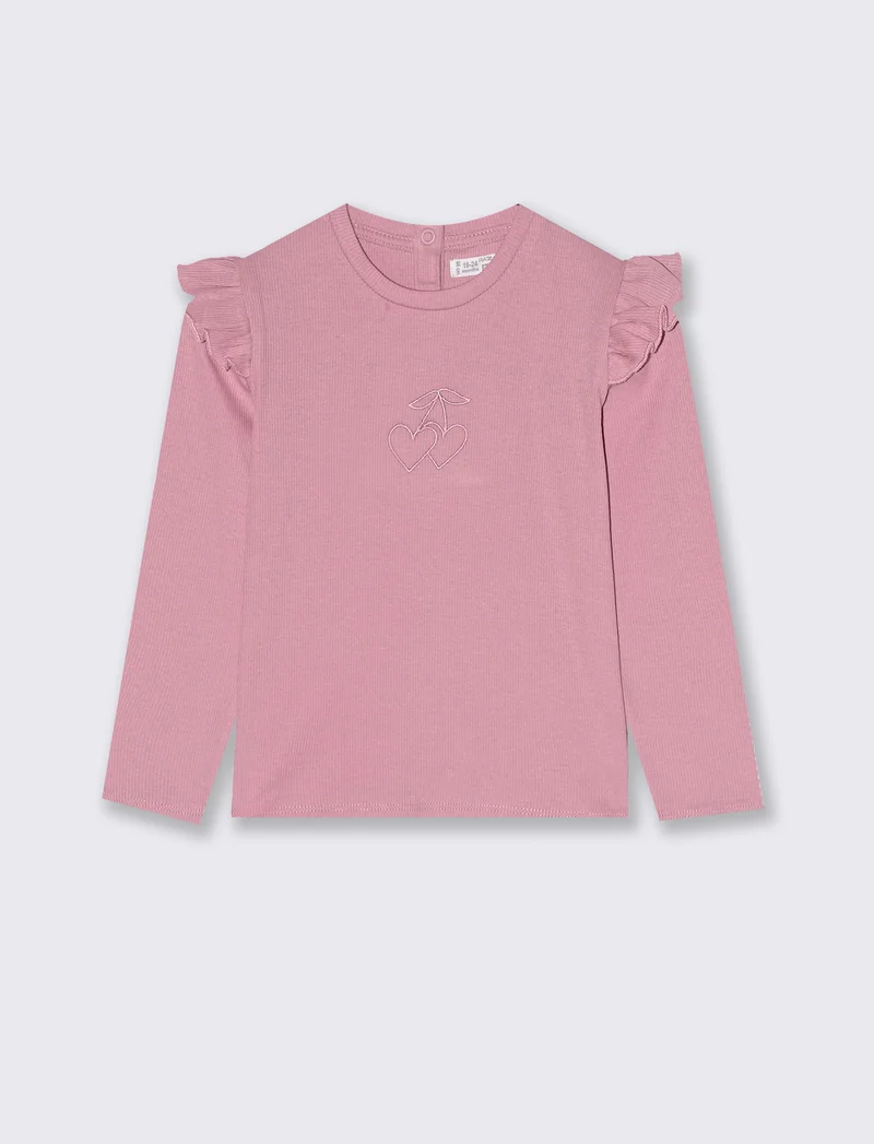 T shirt in costina con ricamo - Rosa