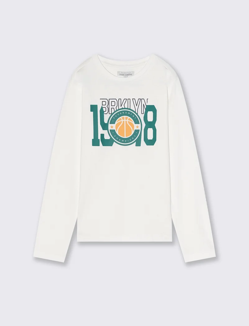 T-shirt manica lunga con stampa. - Bianco latte