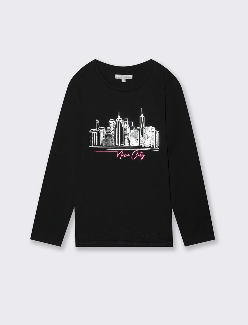 Maglia in cotone manica lunga. - Nero