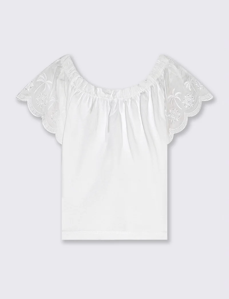 Top in jersey con maniche ricamate da bambina - Bianco