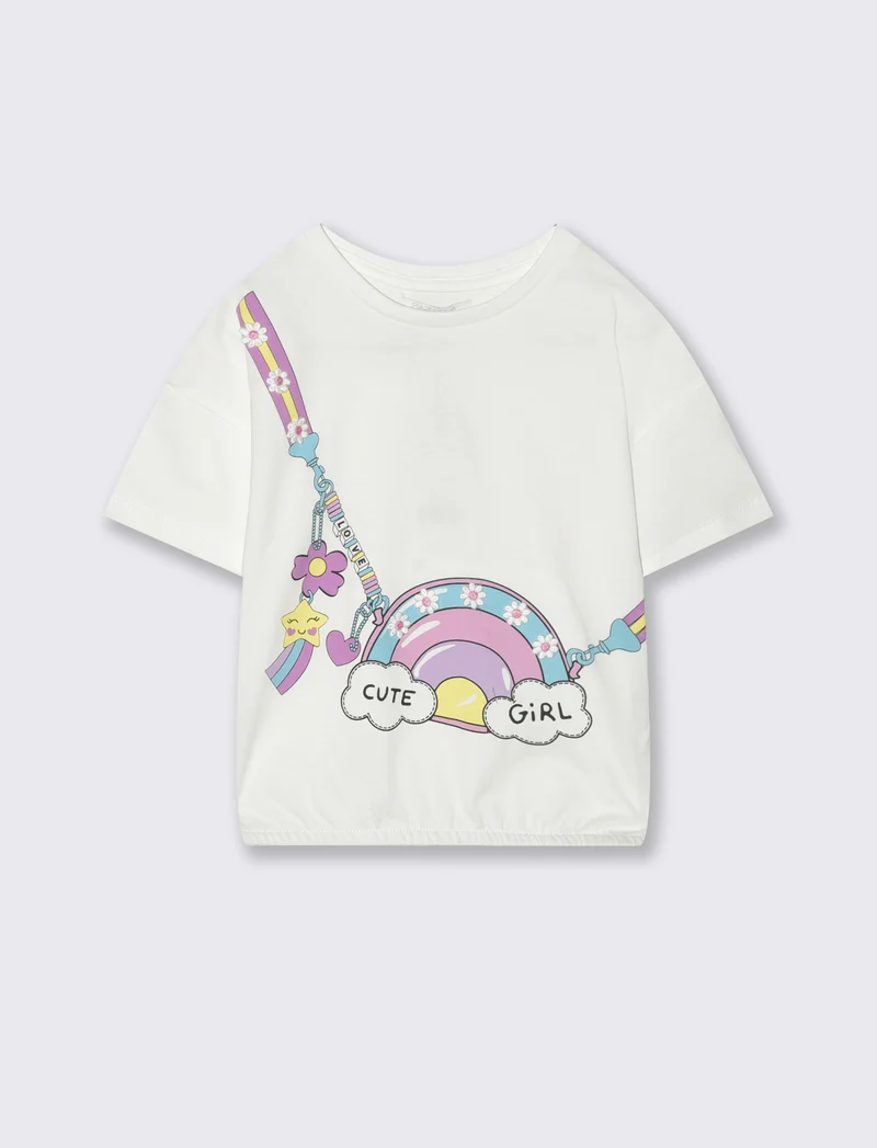 T-shirt estiva con stampa borsetta da bambina - Bianco