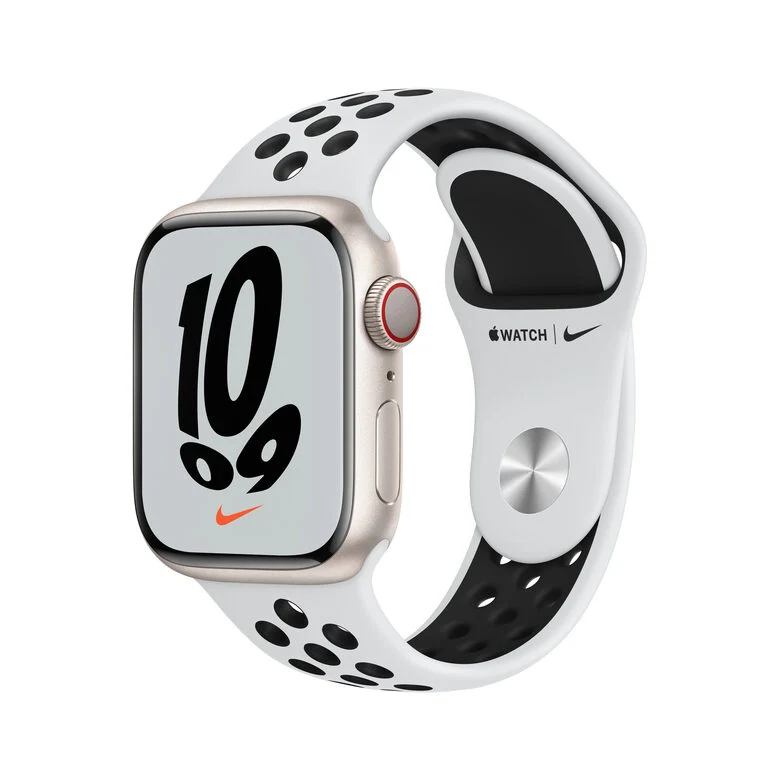 Apple Watch Nike Series 7 GPS + Cellular, 41mm Cassa in Alluminio Galassia con Cinturino Sport Platino Puro /Nero