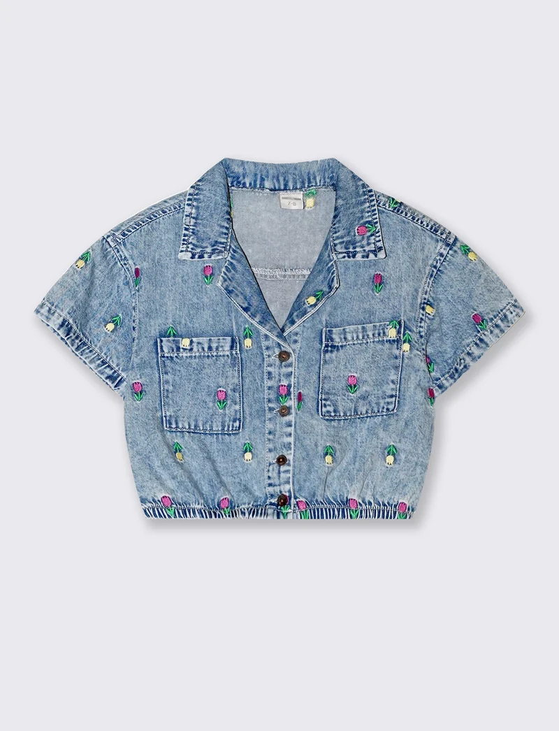 Camicia mezza manica in chambray da bambina - Denim chiaro