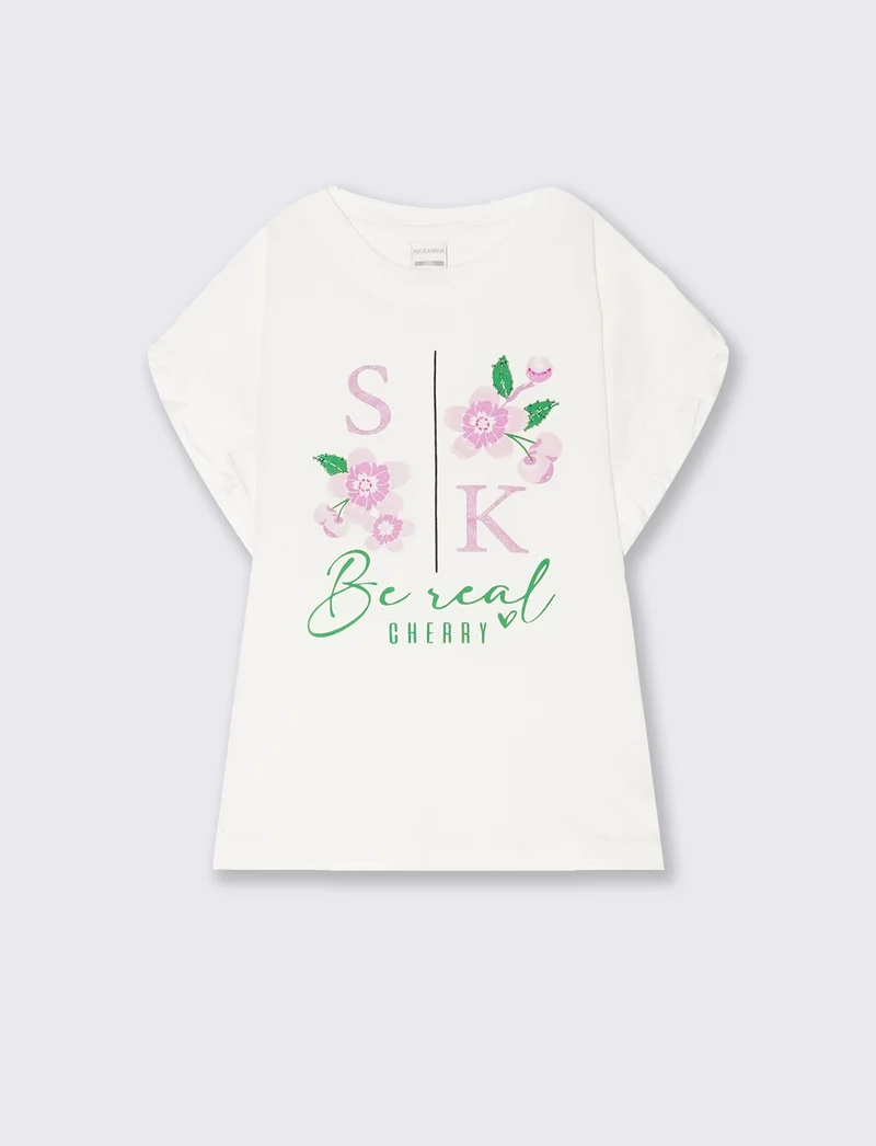 T-shirt estiva da bambina con stampa e applicazioni - Bianco latte