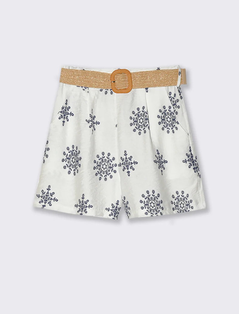 Short stampato con cintura - Bianco