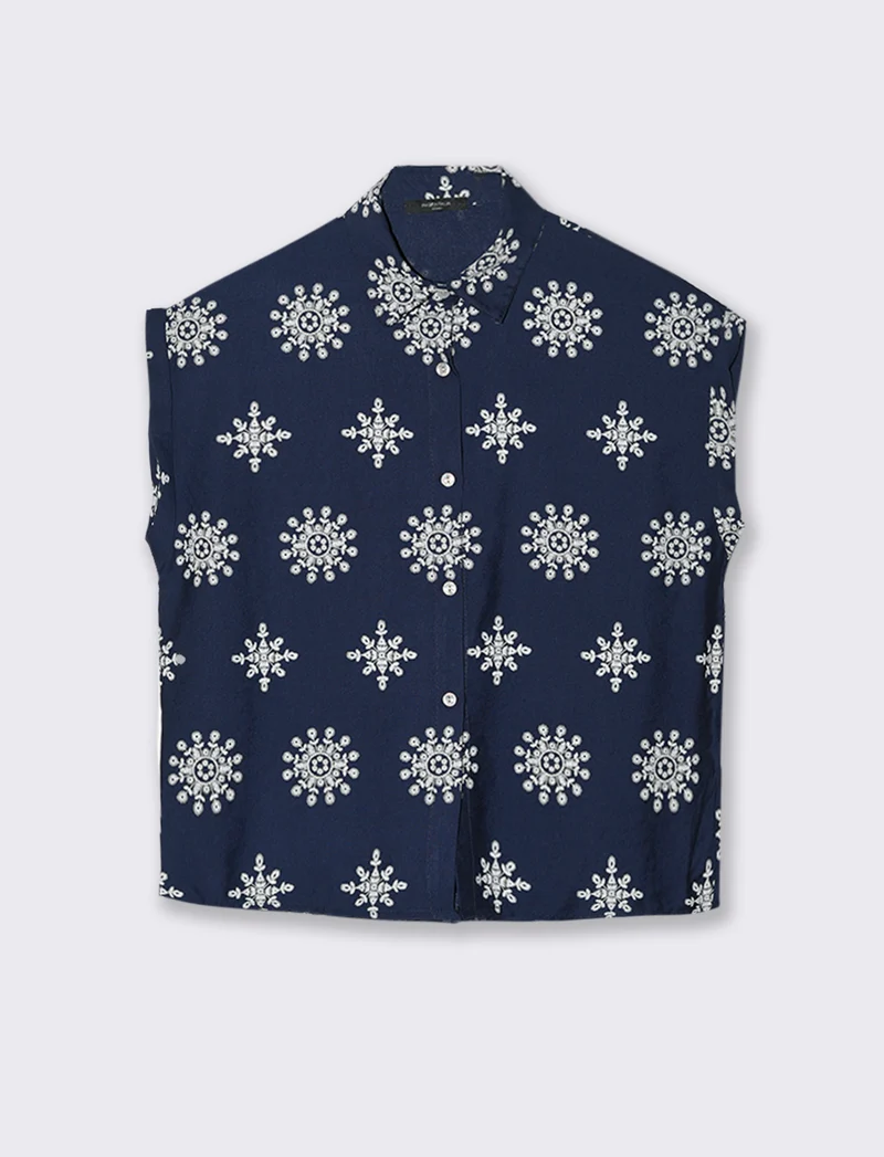 Camicia mezza manica tessuto ricamato - Blu